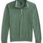 The Desmond Quarter Zip by Johnnie-O is a green lightweight sweater in plaited knits, designed with a ribbed collar, cuffs, hem, silver zipper, and white contrast stripes on the collar.