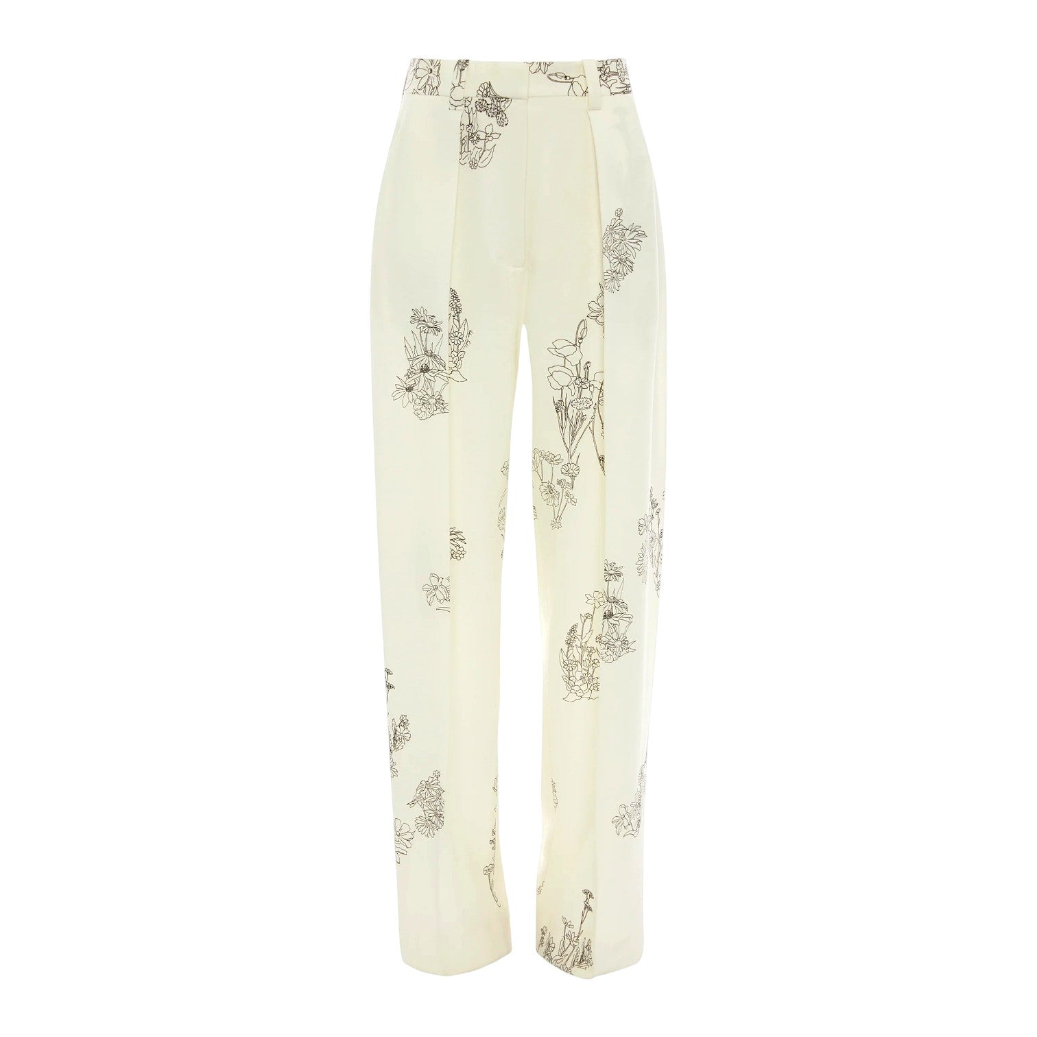 The Victoria Beckham Floral Wide Leg Trouser features a cream color, high-rise fit, straight-leg cut, and a black/off white floral and landscape print.