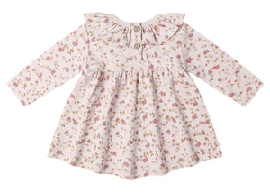 The Quincy Mae Baby Girls' and Girls' Ruffle Collar Jersey Dress features long sleeves, a floral print in light pink and beige, front buttons, a ruffled collar, and comes with matching bloomers for easy dressing.