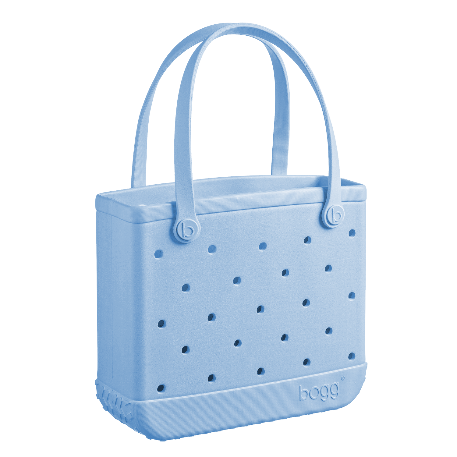 The Baby Bogg Bag by Bogg Bags is a light blue tote with two handles, ventilation holes, and "bogg" embossed near the bottom. This washable bag is practical and stylish for everyday use.