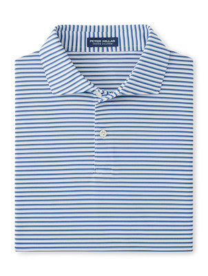 The Peter Millar Tempo Performance Mesh Polo features blue and white stripes, a collared design with two buttons, and four-way stretch for comfort—ideal for golf style.