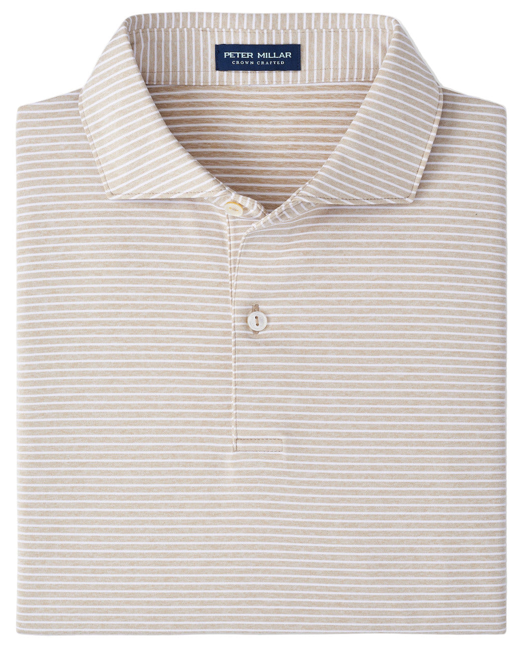The Ballad Performance Jersey Polo by Peter Millar is a beige and white striped, collared shirt with a single button, made from four-way stretch jersey fabric for comfort.