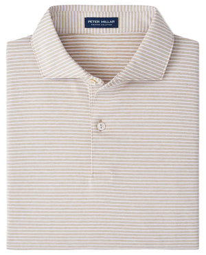 The Ballad Performance Jersey Polo by Peter Millar is a beige and white striped, collared shirt with a single button, made from four-way stretch jersey fabric for comfort.
