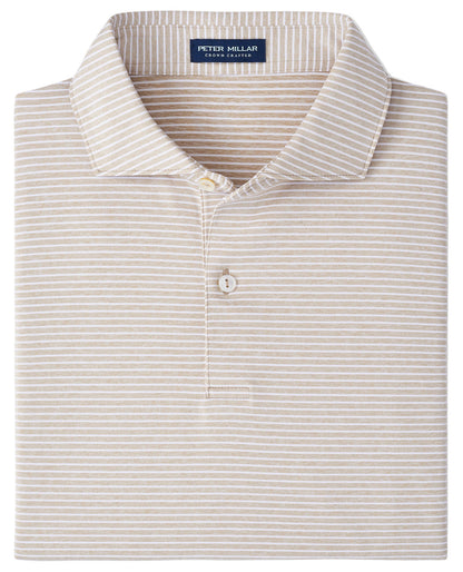 The Ballad Performance Jersey Polo by Peter Millar is a beige and white striped, collared shirt with a single button, made from four-way stretch jersey fabric for comfort.