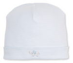 The Kissy Kissy Baby SCE Jungle Hang Out Striped Hat is crafted from soft Peruvian cotton in light blue stripes and features a small hand-embroidered white and blue elephant on the front cuff, shown on a white background.