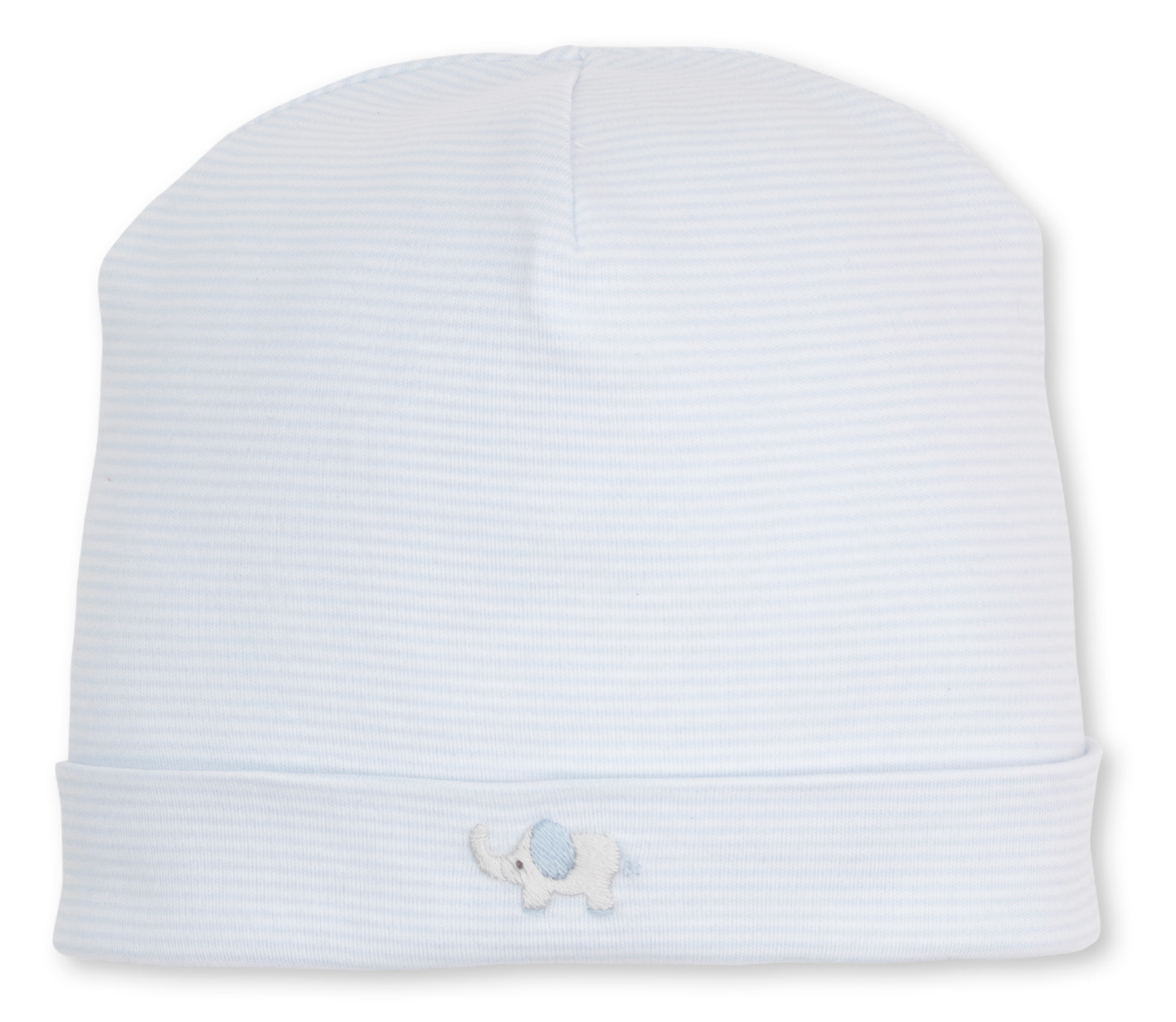 The Kissy Kissy Baby SCE Jungle Hang Out Striped Hat is crafted from soft Peruvian cotton in light blue stripes and features a small hand-embroidered white and blue elephant on the front cuff, shown on a white background.
