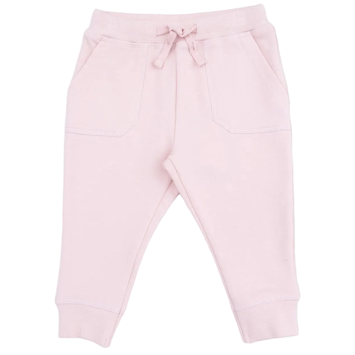 The Angel Dear Baby and Kids’ Jogger Pant is a light pink organic French terry jogger featuring an elastic waistband, drawstring, and two front pockets. These cozy knit baby joggers are displayed on a white background.