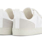 The back view of the Veja Kids' V-10 Velcro CWL Sneaker by Veja, featuring white casual sneakers made from organic cotton with light gray vegan suede accents on the heel.