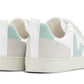 The Veja Kids' V-10 Velcro CWL Sneaker, made in Brazil, features a pair of white sneakers with light green accents and thick white soles, viewed from the back.