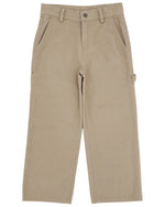 The Feather 4 Arrow Boys’ Carpenter Twill Pant in khaki, crafted from durable cotton twill and featuring front pockets, carpenter pockets, a button closure, belt loops, and a side utility loop, is laid flat on a white background.