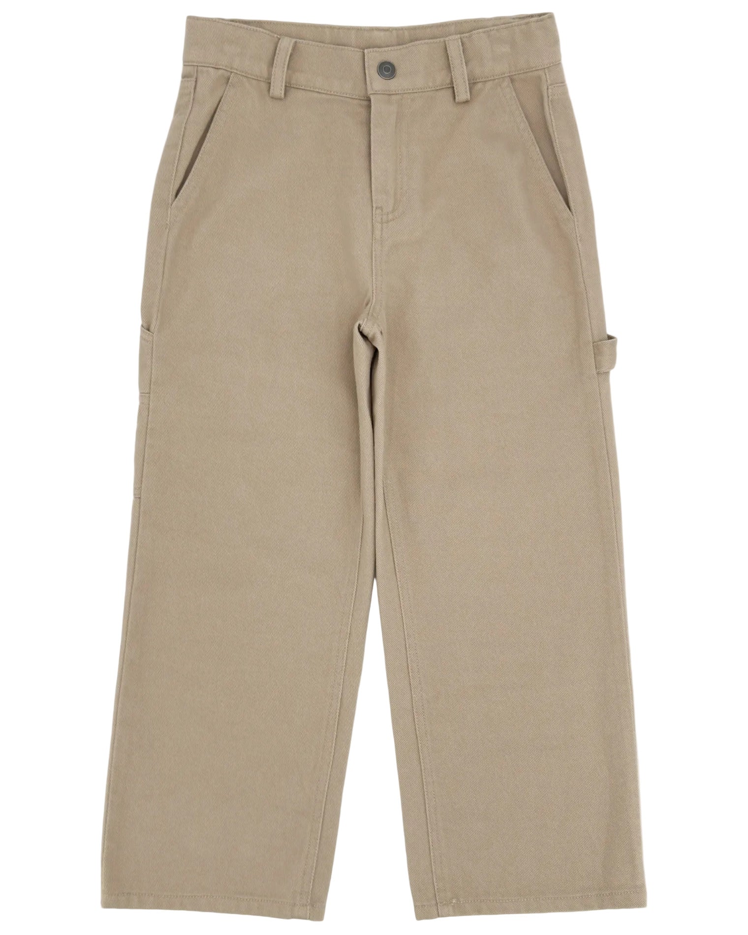 The Feather 4 Arrow Boys’ Carpenter Twill Pant in khaki, crafted from durable cotton twill and featuring front pockets, carpenter pockets, a button closure, belt loops, and a side utility loop, is laid flat on a white background.