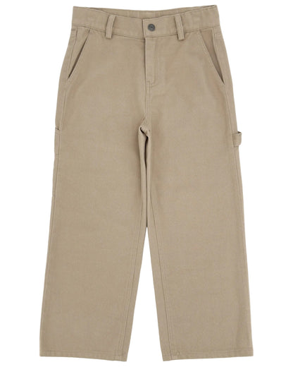 The Feather 4 Arrow Boys’ Carpenter Twill Pant in khaki, crafted from durable cotton twill and featuring front pockets, carpenter pockets, a button closure, belt loops, and a side utility loop, is laid flat on a white background.