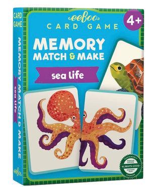 Box of Eeboo’s "Memory Match & Make Card Game" for ages 4+, featuring an octopus and a turtle illustrated on the cover. This matching game is perfect for families, encouraging fun and learning for young players.