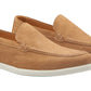 The Peter Millar Excursionist Nubuck Venetian Loafer, shown in light brown with white rubber soles on a white background, offers versatile and lightweight comfort for everyday wear.