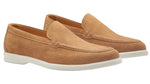 The Peter Millar Excursionist Nubuck Venetian Loafer, shown in light brown with white rubber soles on a white background, offers versatile and lightweight comfort for everyday wear.
