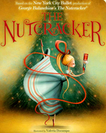 The Simon & Schuster board book "The Nutcracker" features an illustrated cover with a girl in a white dress dancing with a nutcracker doll before a Christmas tree. The title appears in large red and yellow letters.