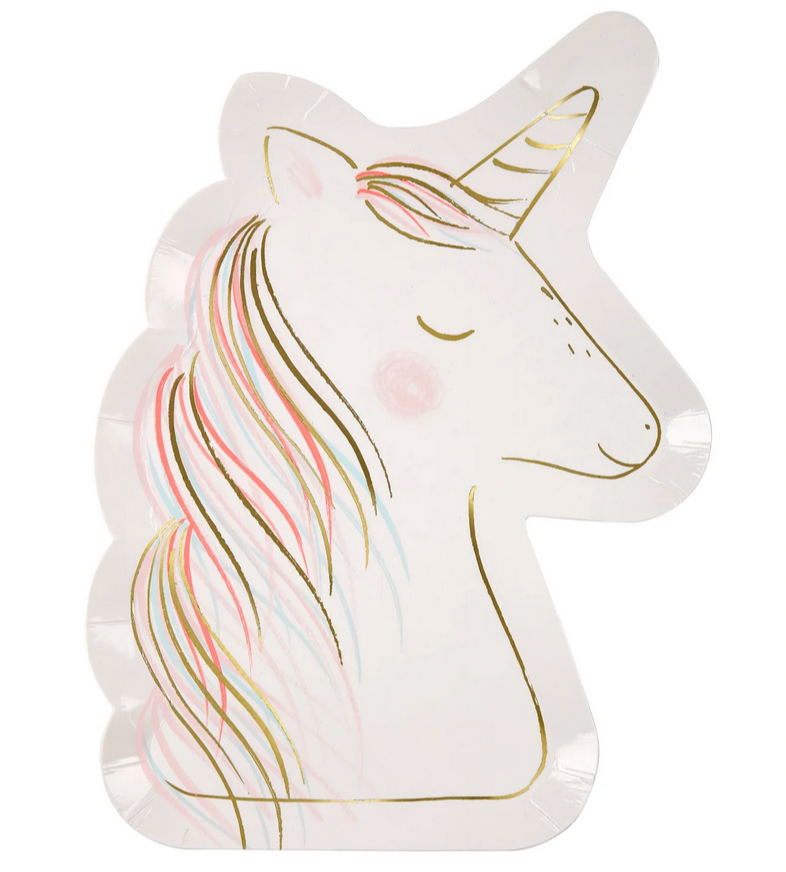 A Meri Meri Magical Unicorn Plate with a colorful mane, gold foil embellishments, and a golden horn, perfect for use at fairytale parties or events.