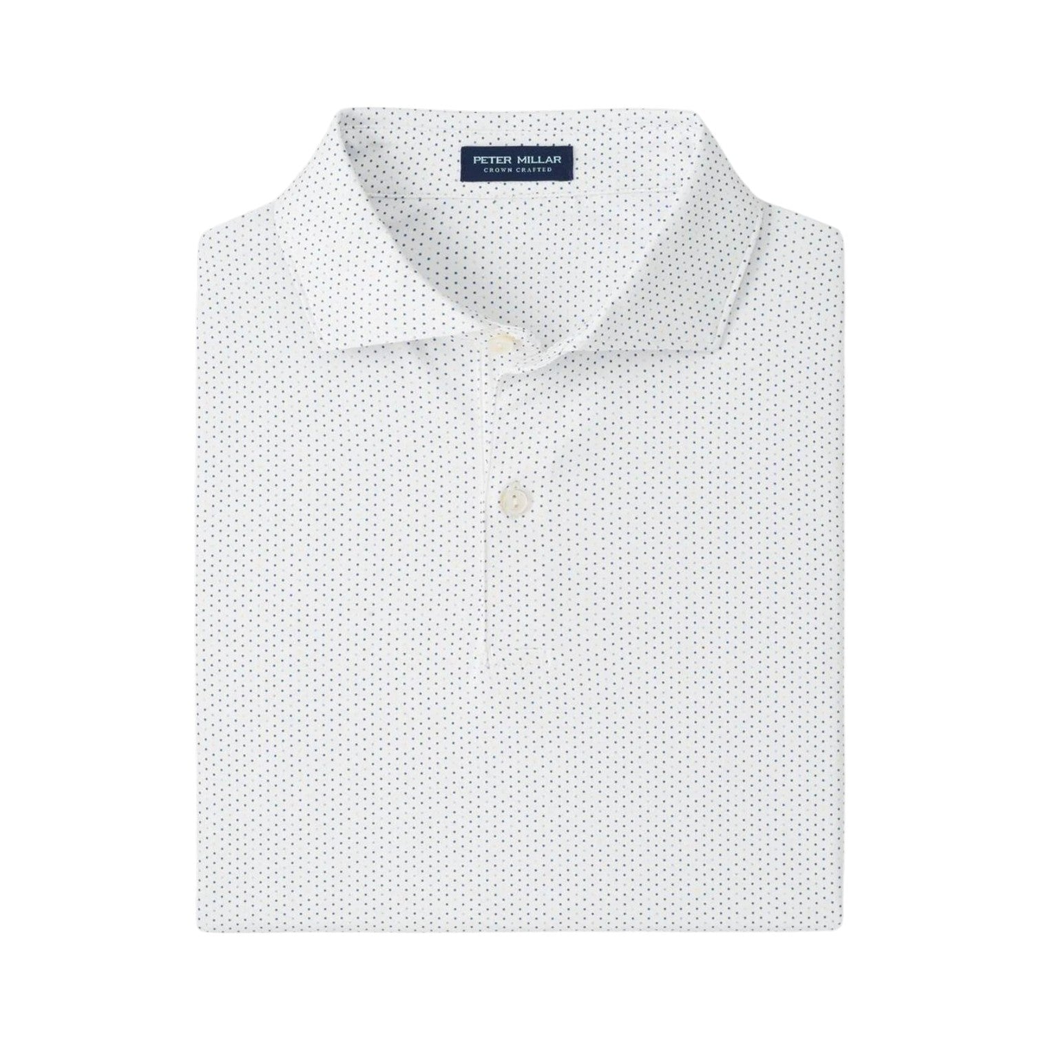 The Fermata Performance Jersey Polo by Peter Millar is a white collared shirt with a subtle blue dotted pattern, two buttons, and four-way stretch for comfort. "Peter Millar" is featured on the inside collar tag.