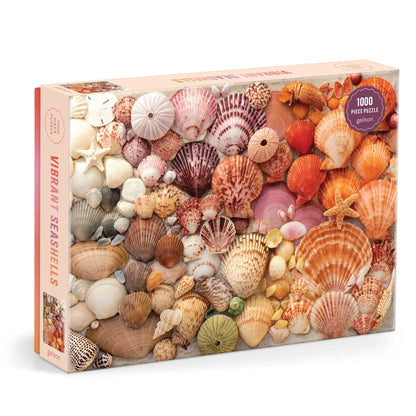 The Vibrant Seashells Puzzle by Mudpuppy is a 1000-piece puzzle box made from recycled materials, showcasing a vivid illustration of assorted colorful seashells and starfish. This eco-friendly puzzle promises hours of captivating fun while celebrating both sustainability and vibrant ocean imagery.