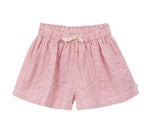 The Arsene & Les Pipelettes Girls' Vichy Short features pink gingham seersucker fabric, an elastic waistband with a drawstring tie, and convenient side pockets—perfect for sunny days, shown here on a white background.