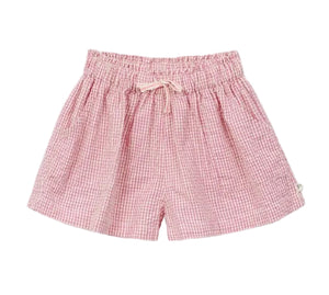 The Arsene & Les Pipelettes Girls' Vichy Short features pink gingham seersucker fabric, an elastic waistband with a drawstring tie, and convenient side pockets—perfect for sunny days, shown here on a white background.