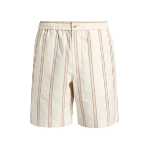 The Cove Stripe Short by Vince features beige fabric with vertical brown double stripes, an elastic waistband, button closure, and side pockets—displayed on a white background. These vacation-ready shorts are designed for all-day comfort.