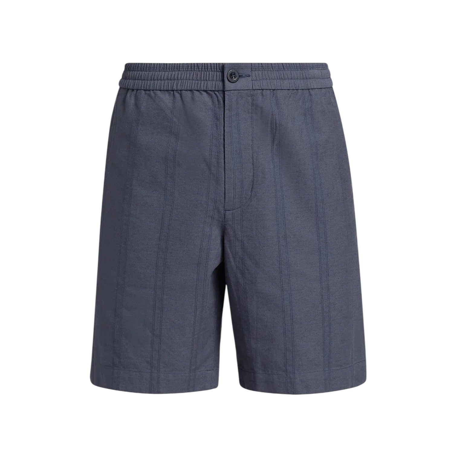 The Cove Stripe Short by vince features a dark grey double-stripe design, a button closure, faux fly, and an elastic waistband with vertical stripe detailing—making it the perfect choice for vacation-ready comfort and effortless style.