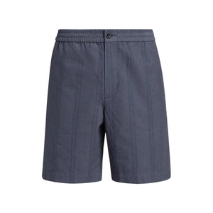 The Cove Stripe Short by vince features a dark grey double-stripe design, a button closure, faux fly, and an elastic waistband with vertical stripe detailing—making it the perfect choice for vacation-ready comfort and effortless style.