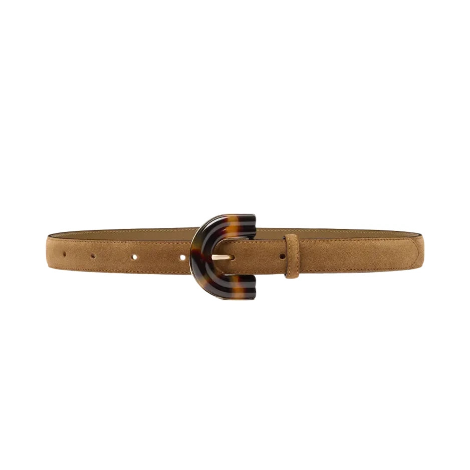 The Viva Naia Belt by Blaze Milano is a tan suede belt with a large, rounded tortoiseshell buckle featuring a glossy brown and black striped pattern.