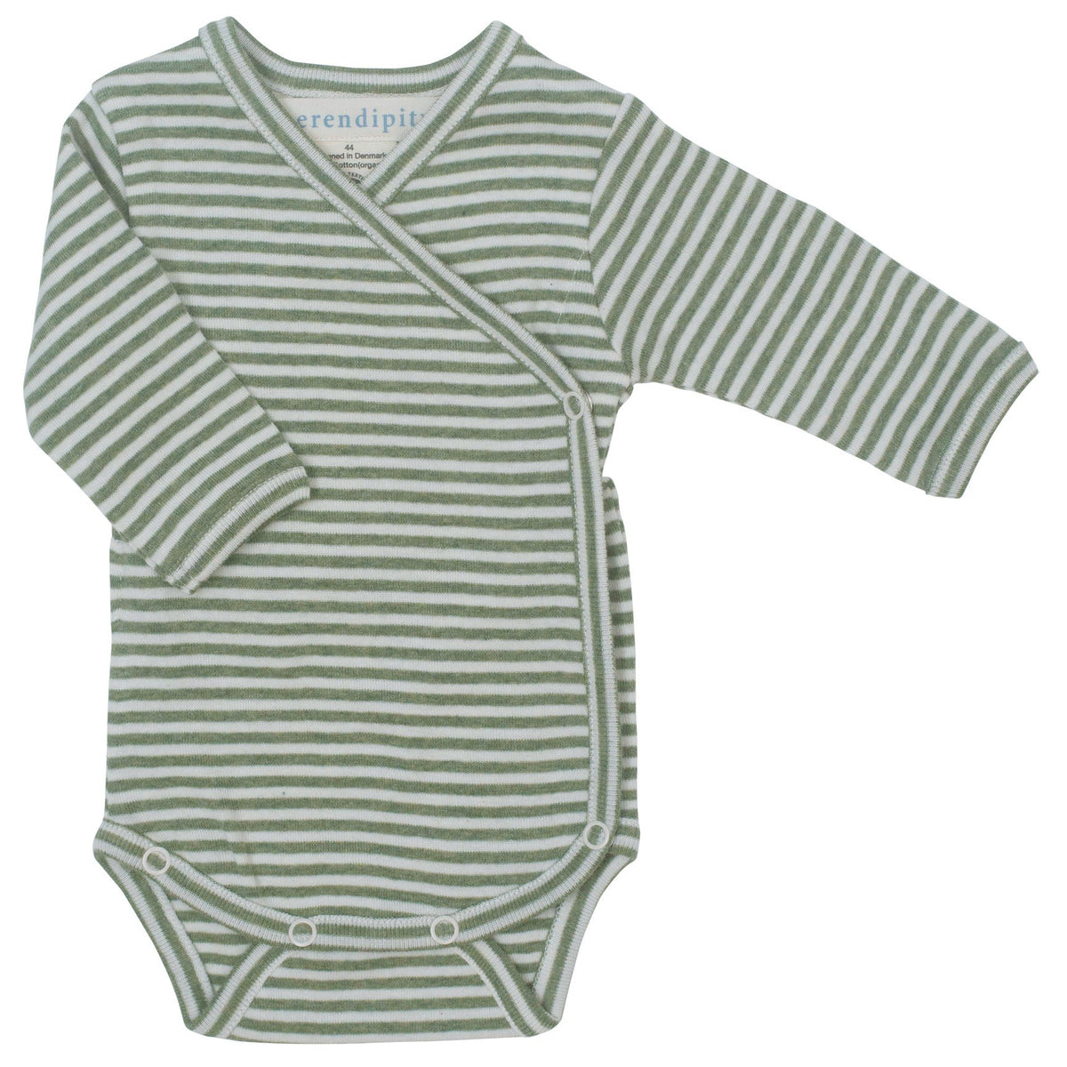Serendipity’s Newborn Rib Stripe Body Wrap, crafted from organic cotton and meeting GOTS-certified baby clothing standards, features green and white stripes, soft white trim, and convenient side snaps—an ideal long-sleeve body stocking for newborns, shown laid flat on a white background.