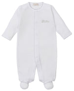 The Kissy Kissy Baby Premier Elephant Esprit Footie with Hand Emb. is a white long-sleeve Pima cotton onesie with an embroidered elephant on the chest, shown against a plain background.