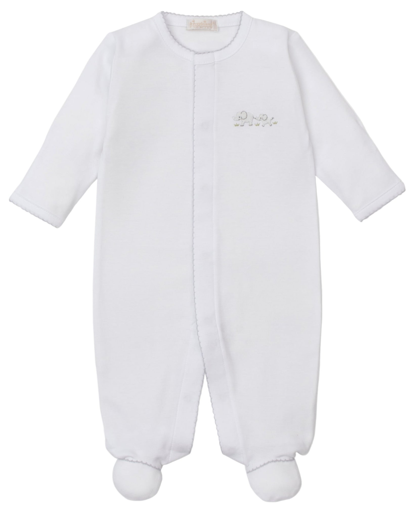 The Kissy Kissy Baby Premier Elephant Esprit Footie with Hand Emb. is a white long-sleeve Pima cotton onesie with an embroidered elephant on the chest, shown against a plain background.