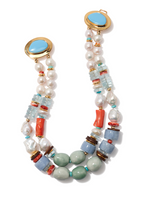 The Ariel Necklace by Lizzie Fortunato is a double-strand statement piece with assorted beads—freshwater pearls, turquoise, jade, coral, and gold accents—finished with round gold clasps set with turquoise stones.