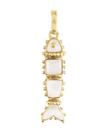 Milos Stone Fish Charm in gold, shaped like a fish and inlaid with white stone segments with a decorative beaded edge.