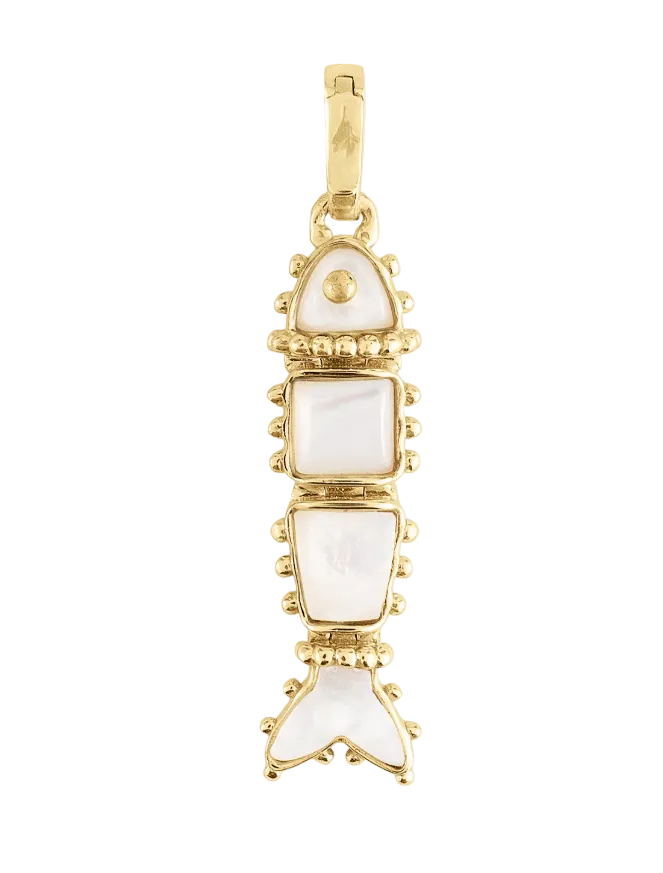 Milos Stone Fish Charm in gold, shaped like a fish and inlaid with white stone segments with a decorative beaded edge.