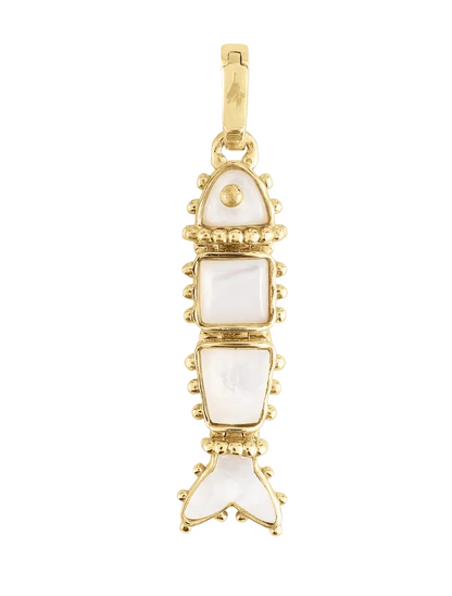 Milos Stone Fish Charm in gold, shaped like a fish and inlaid with white stone segments with a decorative beaded edge.