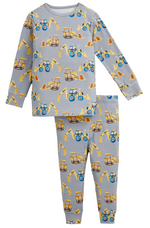 The Magnetic Me Baby Boys’ and Boys’ Doze Off Pajama Set features gray pajamas decorated with a playful pattern of yellow excavators, blue tractors, and orange traffic cones. Crafted from silky soft modal fabric for ultimate comfort, this set includes a long-sleeved shirt and matching pants shown laid flat.