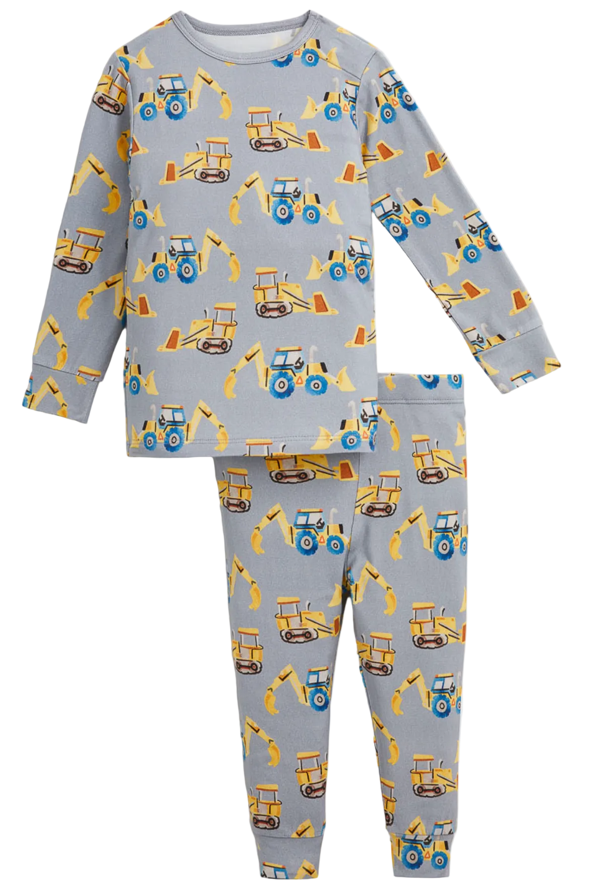 The Magnetic Me Baby Boys’ and Boys’ Doze Off Pajama Set features gray pajamas decorated with a playful pattern of yellow excavators, blue tractors, and orange traffic cones. Crafted from silky soft modal fabric for ultimate comfort, this set includes a long-sleeved shirt and matching pants shown laid flat.
