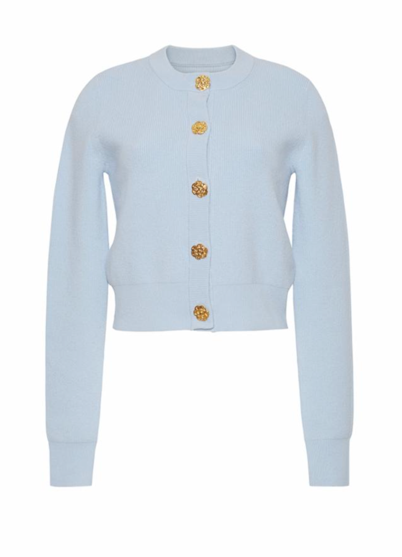The Ellery Cardigan by Cara Cara features a light blue hue, long sleeves, a crew neckline, and chic gold floral buttons, shown on a plain white background.
