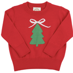 Baby Girls' and Girls' Isabelle's Intarsia Sweater by The Beaufort Bonnet Company features a red knit with a green Christmas tree and white bow design—perfect for festive holiday celebrations.