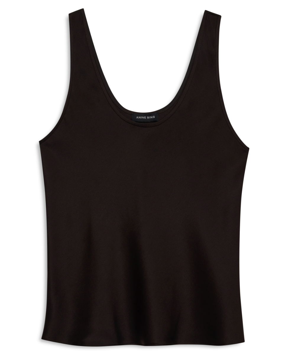 The Anine Bing Lea Top, a sleeveless black silk charmeuse tank with a scoop neckline, is displayed laid flat on a white background.
