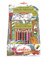 Eeboo’s Mini Mural with Color Pencils features dinosaur-themed packaging, 16 double-sided vibrant colors, a fold-out mural to color, and includes a sharpener.