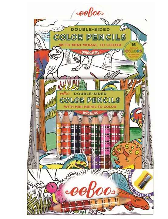 Eeboo’s Mini Mural with Color Pencils features dinosaur-themed packaging, 16 double-sided vibrant colors, a fold-out mural to color, and includes a sharpener.