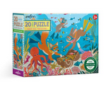 Introducing the "eeboo Deep Sea Treasure 20 Piece Puzzle" by Eeboo, an underwater treasure hunt puzzle designed for ages 3 and up. This set includes 20 jumbo-sized pieces that are perfect for little hands, showcasing colorful sea creatures and a treasure chest. It is crafted from sustainably sourced materials.