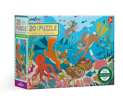 Introducing the "eeboo Deep Sea Treasure 20 Piece Puzzle" by Eeboo, an underwater treasure hunt puzzle designed for ages 3 and up. This set includes 20 jumbo-sized pieces that are perfect for little hands, showcasing colorful sea creatures and a treasure chest. It is crafted from sustainably sourced materials.