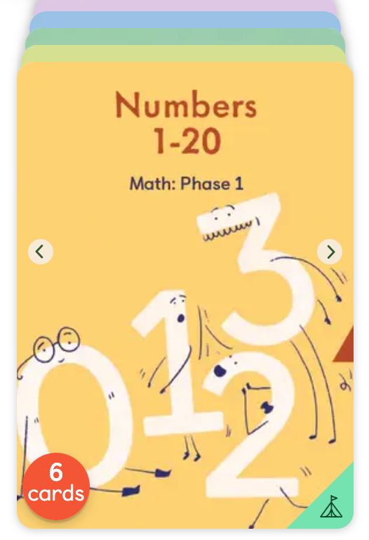 The Yoto Card: Math Phase 1 by Yoto displays animated numbers 0, 1, 2, and 3 on a flashcard labeled “Numbers 1-20” and “Math: Phase 1.” Designed to help kids build math skills, the card features a red circle marked “6 cards.” Arrows suggest navigation through interactive math activities, with four additional cards shown stacked behind.