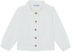 Girls’ Cotton Jacket by Tartine et Chocolat—white, long-sleeve design crafted from cotton, featuring a rounded collar, two front embroidered pockets, and brown buttons down the center.
