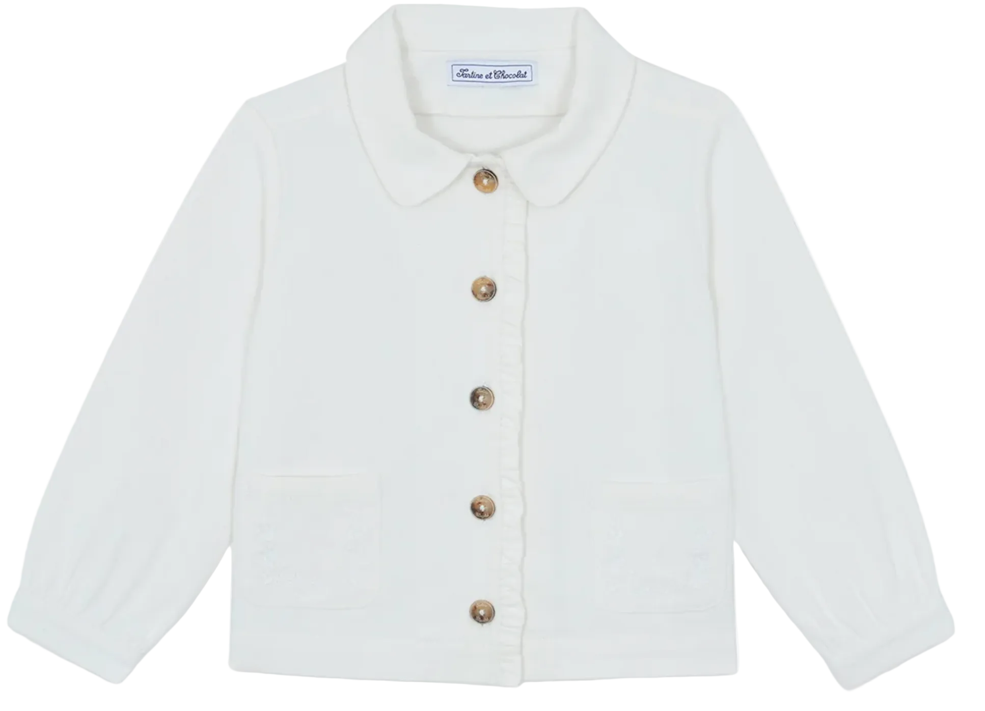 Girls’ Cotton Jacket by Tartine et Chocolat—white, long-sleeve design crafted from cotton, featuring a rounded collar, two front embroidered pockets, and brown buttons down the center.