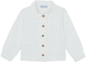 Girls’ Cotton Jacket by Tartine et Chocolat—white, long-sleeve design crafted from cotton, featuring a rounded collar, two front embroidered pockets, and brown buttons down the center.