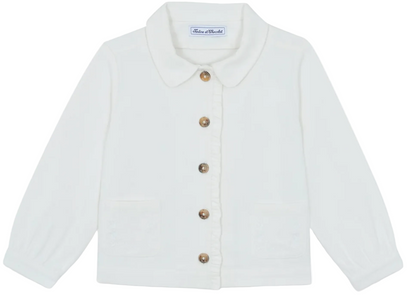Girls’ Cotton Jacket by Tartine et Chocolat—white, long-sleeve design crafted from cotton, featuring a rounded collar, two front embroidered pockets, and brown buttons down the center.